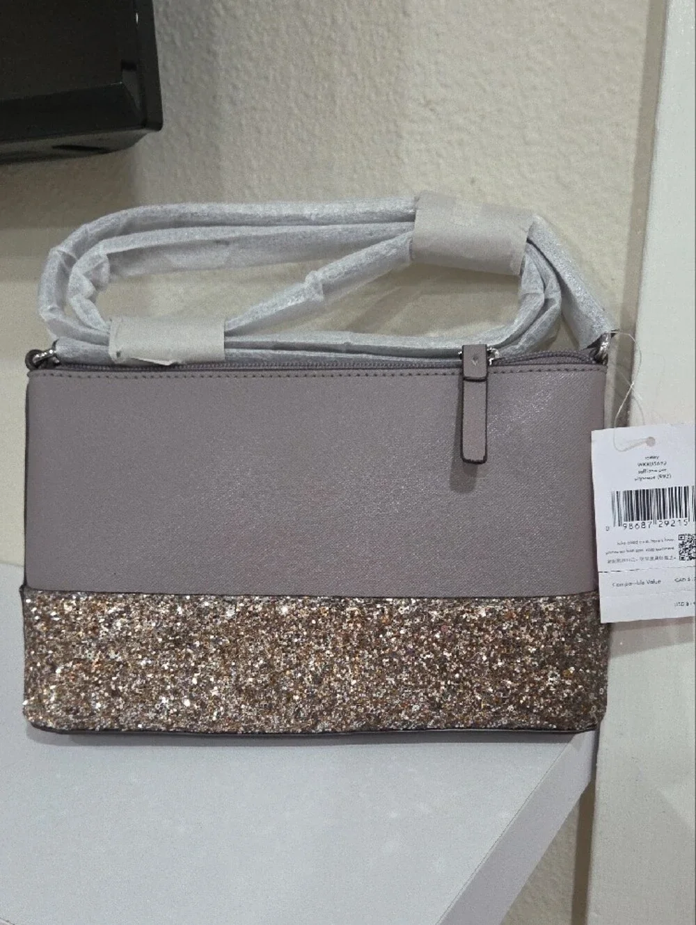 kate spade gray and gold glitter crossbody bag